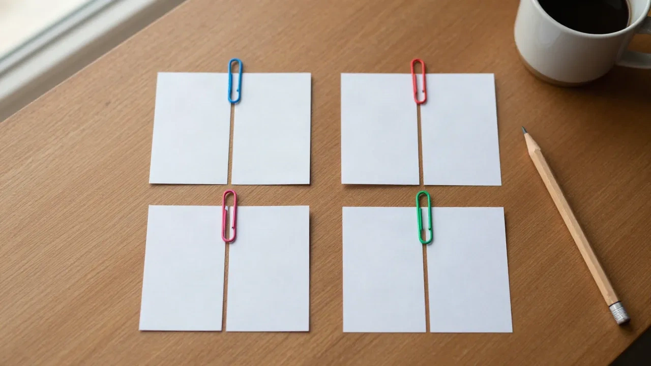Karteikarten, in vier mit Büroklammern gebündelte Gruppen auf einem Holztisch sortiert