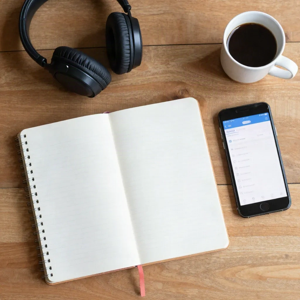 A journalist's notebook, phone and coffee on a desk