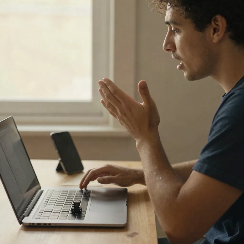 Founder rehearsing a pitch aloud while recording on a phone