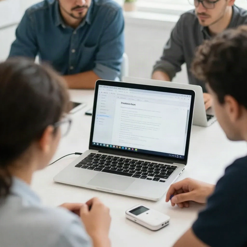 A startup team reviewing a product launch announcement on a laptop