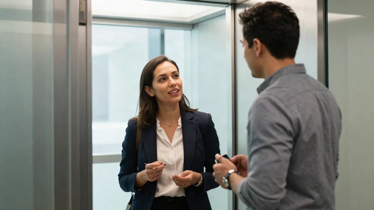 Dos profesionales conversando en el vestíbulo luminoso de una oficina, un momento de elevator pitch informal