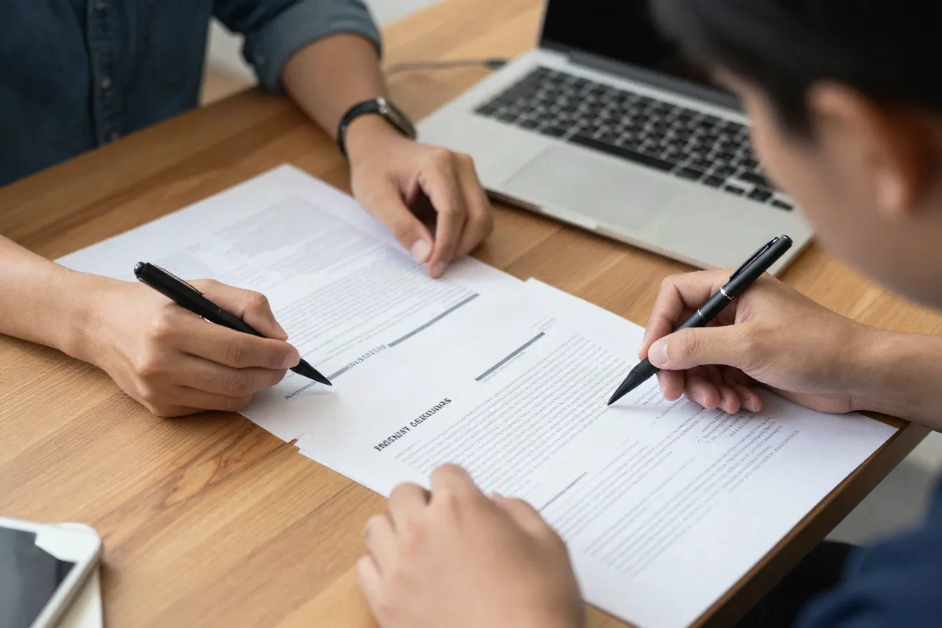 印刷されたマーケティング文の下書きに赤字を入れながら、テーブルで確認する2人