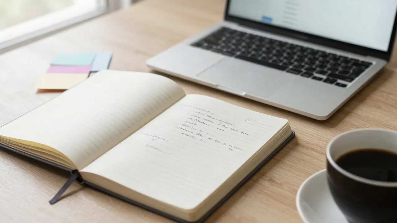 Libreta con notas de tono escritas a mano, pestañas de colores y un portátil sobre el escritorio de un responsable de contenido