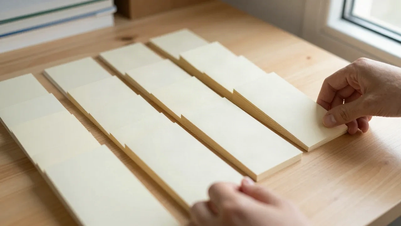Hands sorting blank cards into columns on a light wood table