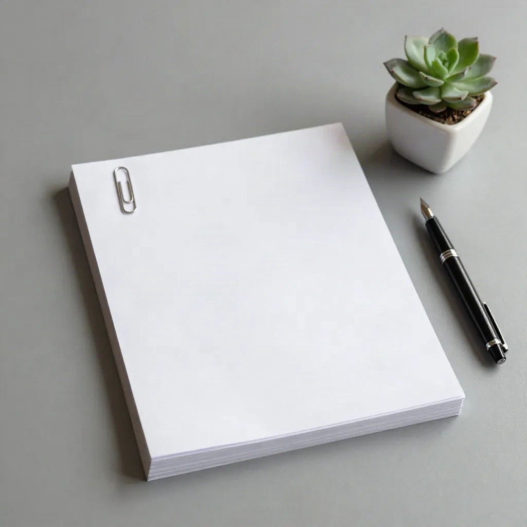 Stack of blank one-page briefs with a paperclip, fountain pen and small succulent