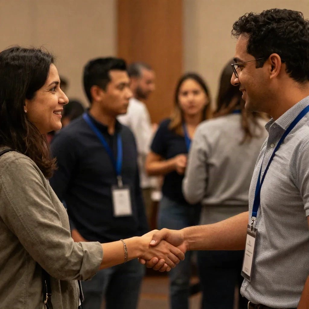 Two professionals shaking hands at a networking event