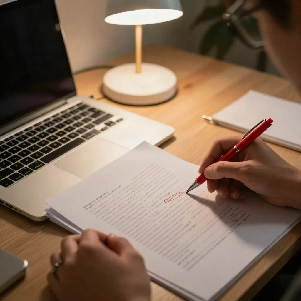 Roter Stift korrigiert einen gedruckten Entwurf neben einem Laptop unter einer Schreibtischlampe