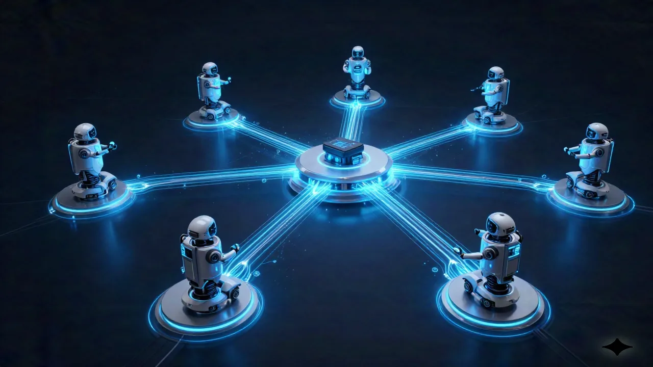 KI-Agent Kommandozentrale mit mehreren autonomen Agenten-Knoten, verbunden durch leuchtende Datenstroeme