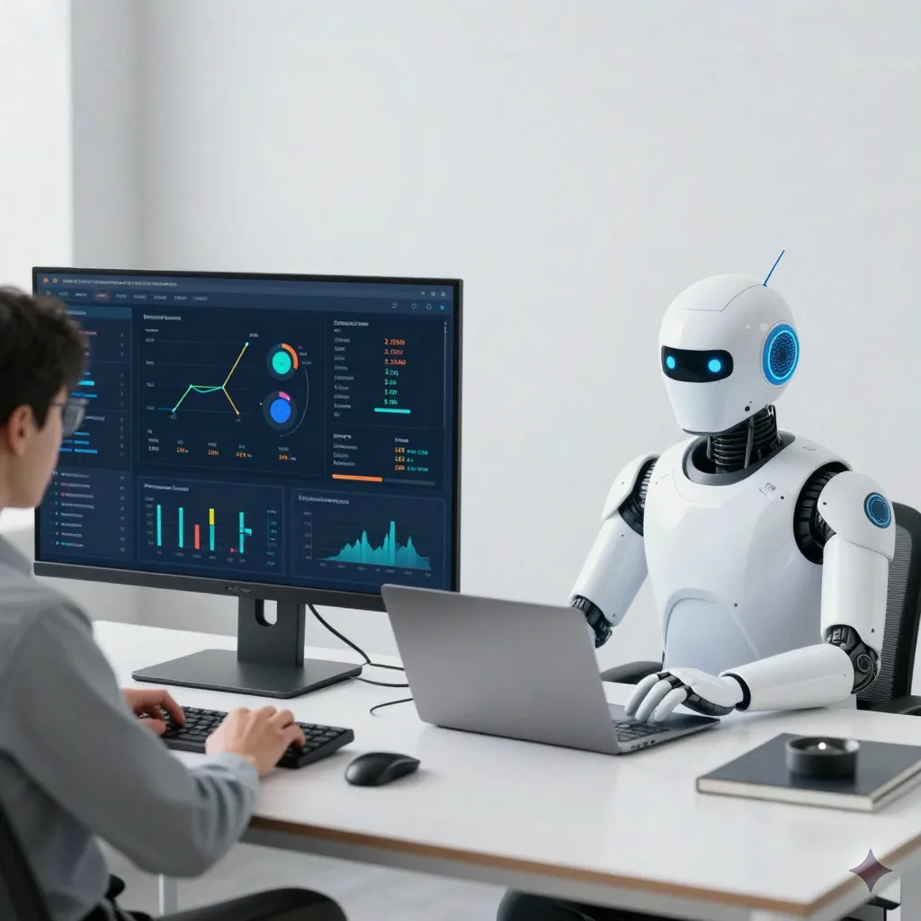 Human analyst versus autonomous AI agent processing data in parallel, side by side comparison