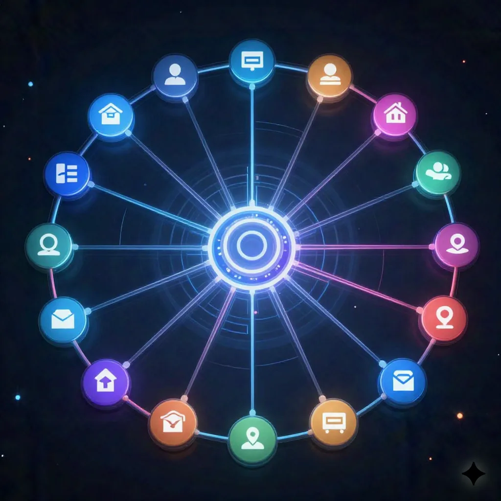 Multi-agent orchestration network showing interconnected AI agents across business functions