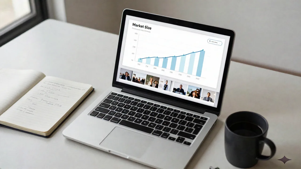 Gründer-Schreibtisch mit Laptop, auf dem eine Pitch-Deck-Gliederung und ein Marktgrößen-Chart angezeigt werden, Notizbuch mit Finanzierungsnotizen daneben