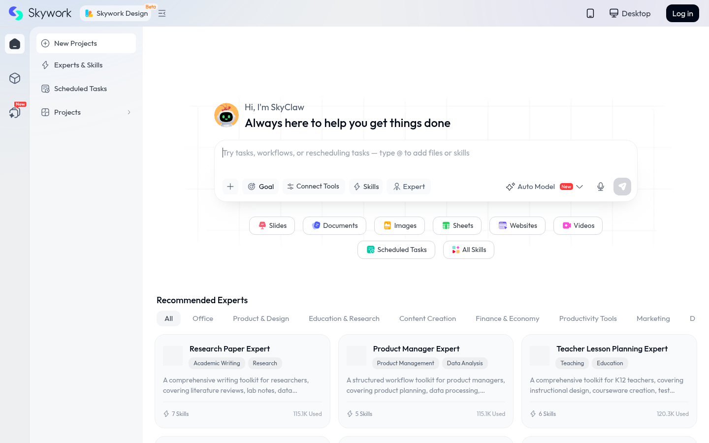 Skywork AI workspace home screen with Slides, Documents, Sheets, and Websites agent shortcuts