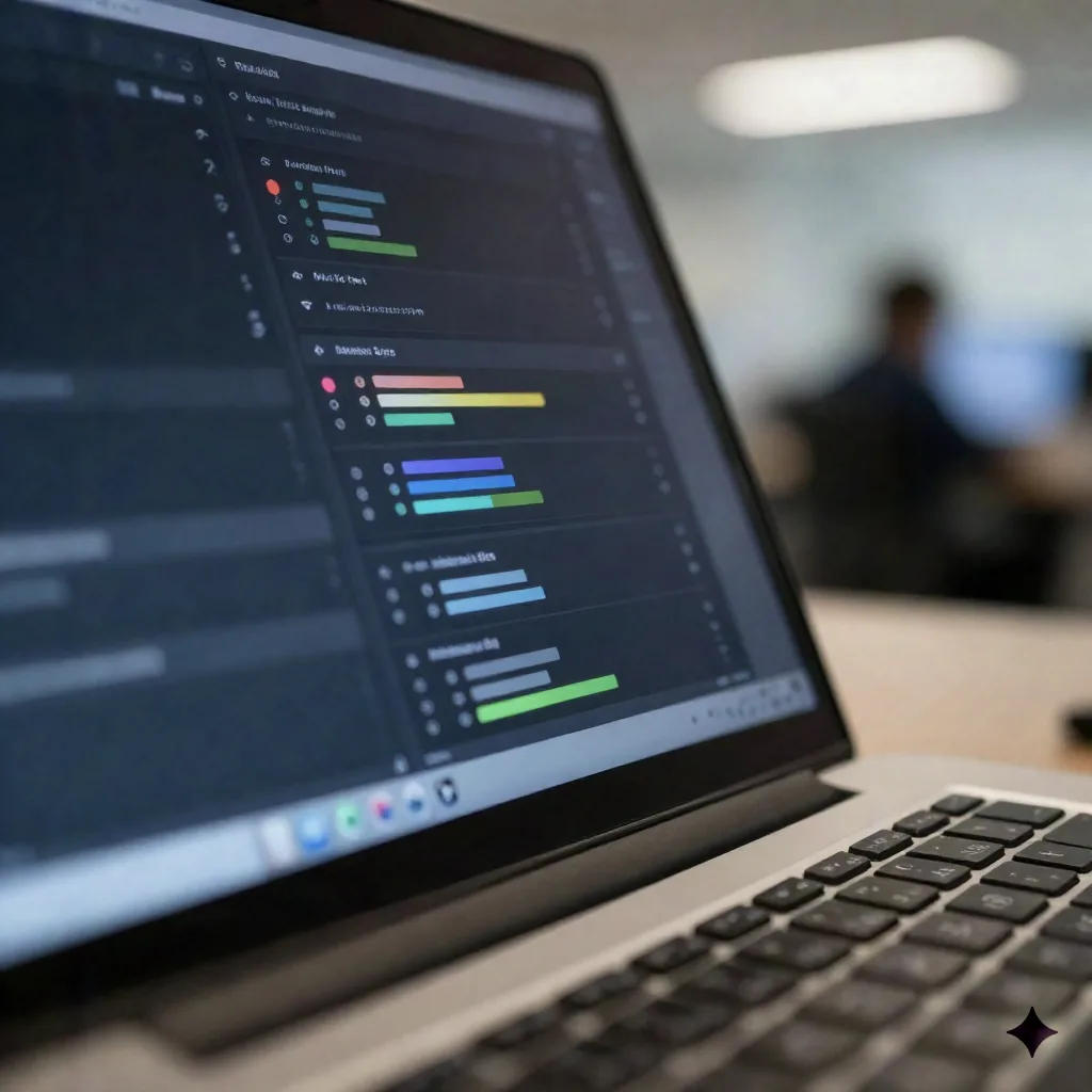 Nahaufnahme eines Laptop-Dashboards mit mehreren automatisierten Task-Status-Indikatoren im Fortschritt