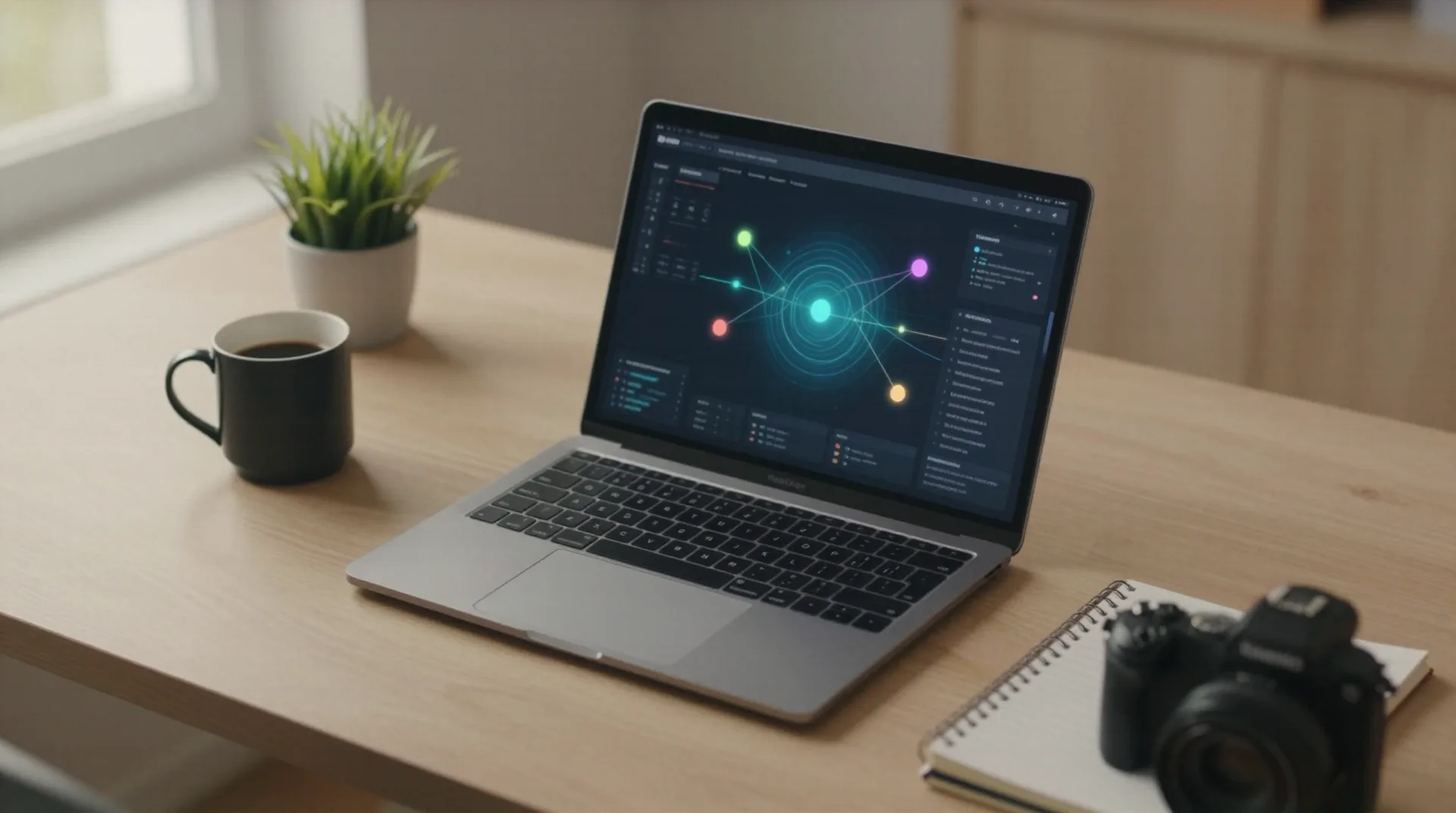 Laptop screen showing an abstract dashboard of connected AI agent workflows on a minimalist desk