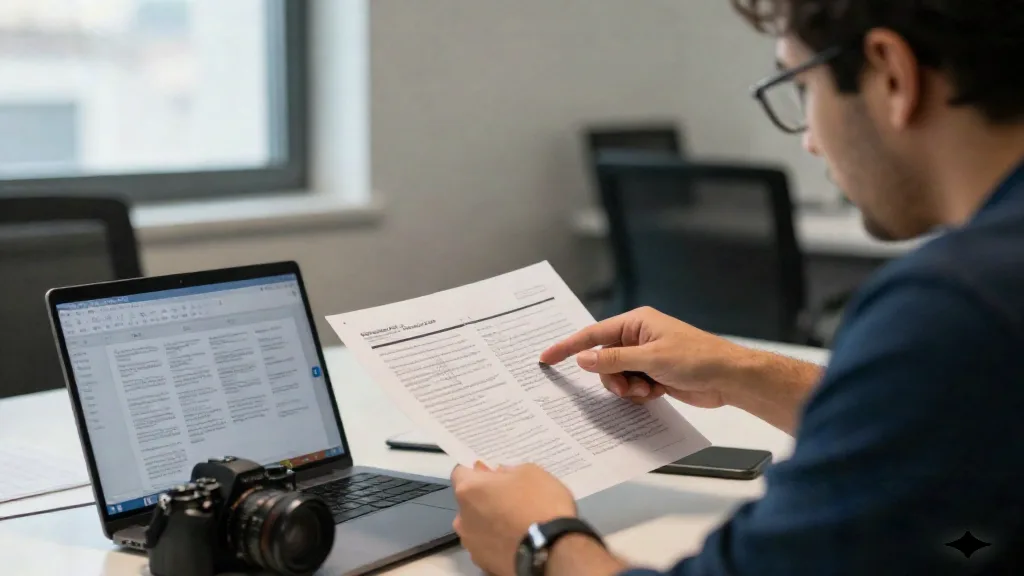 Zwei Gründer besprechen ein ausgedrucktes Pitch-Deck neben einem Laptop