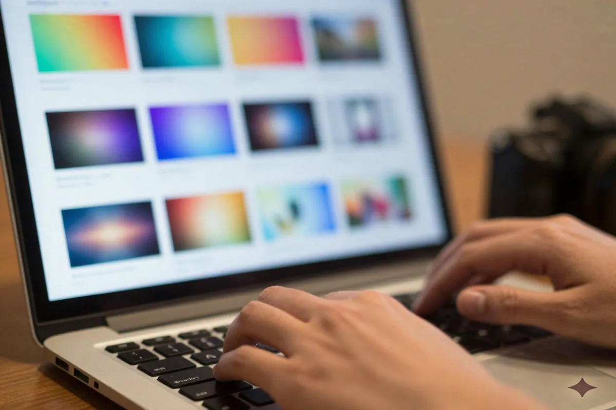 Close-up of hands typing on a laptop with generated slide layout thumbnails on screen