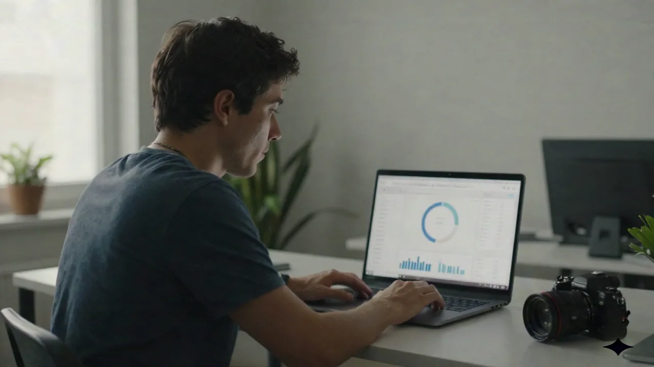Gründer prüft ein Pitch-Readiness-Score-Dashboard auf dem Laptop
