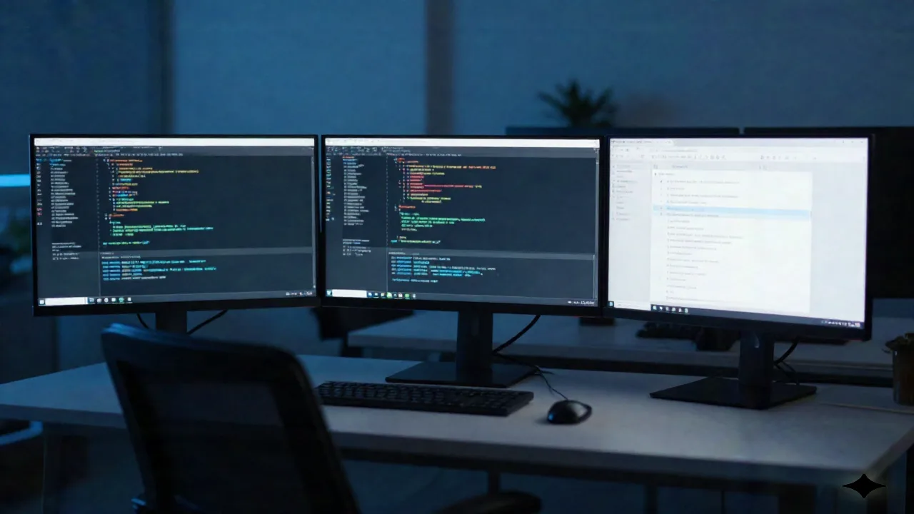 Escritorio de ingeniero de software por la noche con monitores mostrando interfaz de revisión de código borrosa