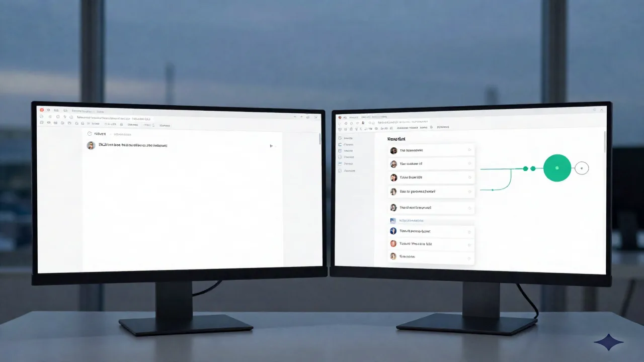 Escena de workspace dividida mostrando una ventana de chat simple junto a un pipeline de tareas automatizadas multi-paso de agente en monitores gemelos