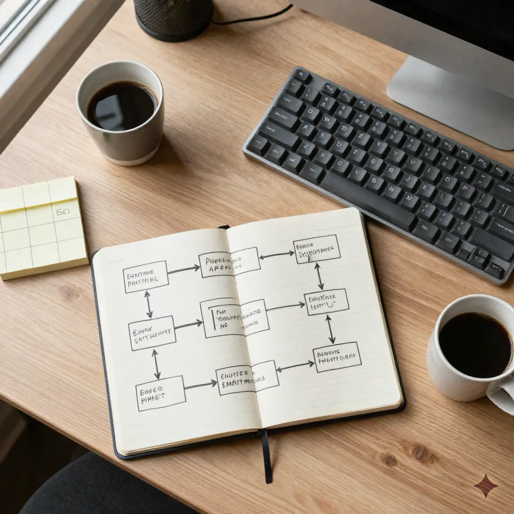 Overhead-Aufnahme eines Arbeitsplatzes mit einer handskizzierten Workflow-Diagramm-Notizbuch und einer mechanischen Tastatur