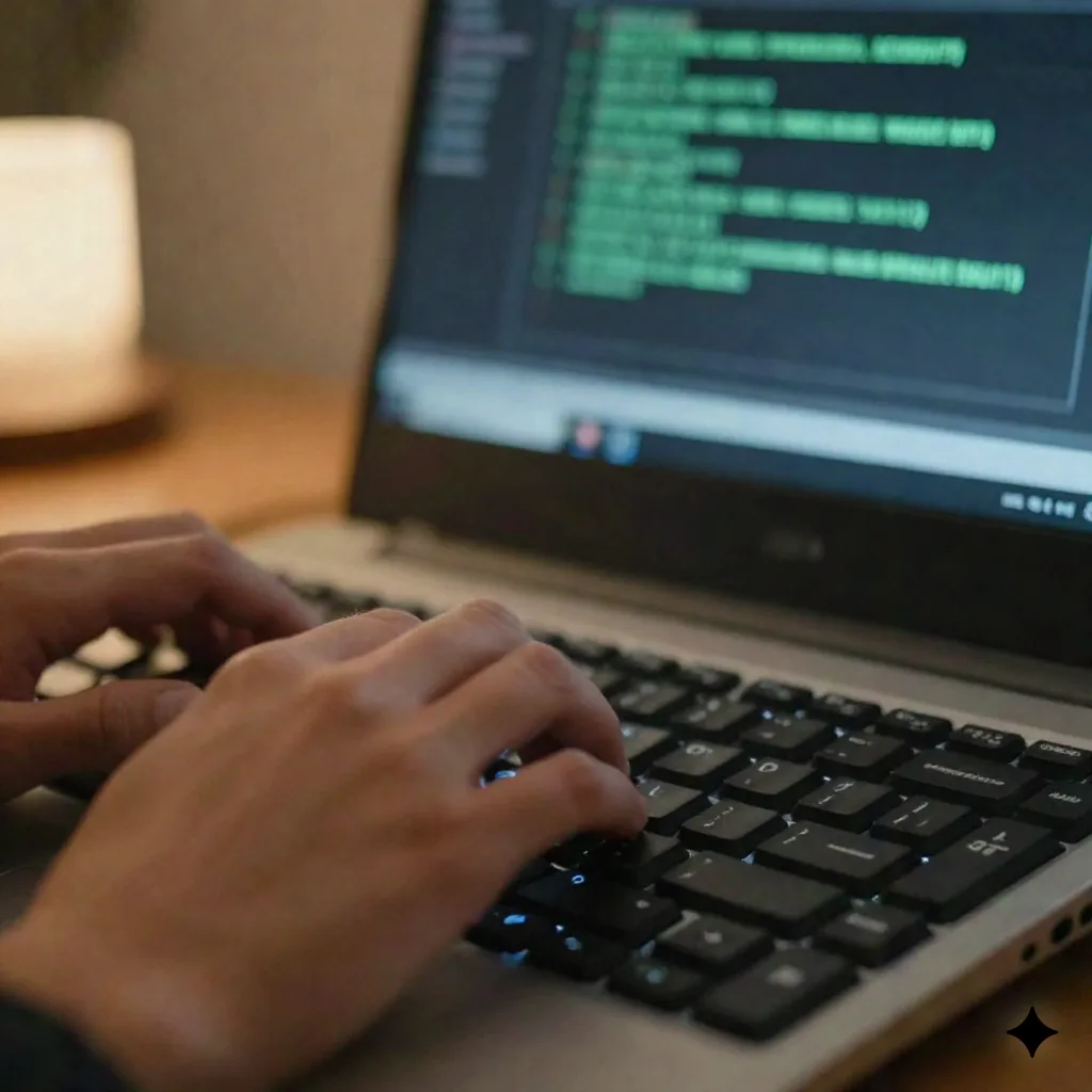 Close-up of hands typing on a keyboard with a blurred terminal window in the background