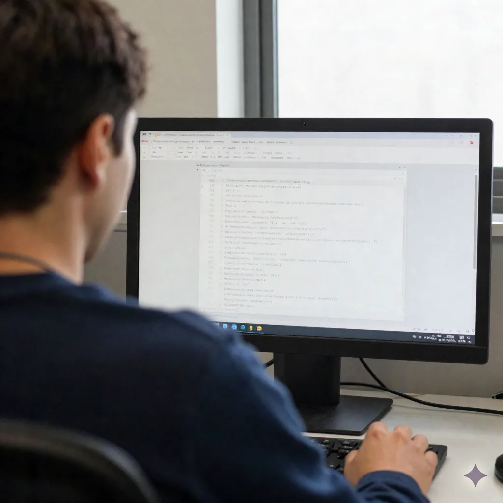 Bediener von hinten über der Schulter, der einen Monitor mit automatisierten Task-Log-Einträgen überprüft