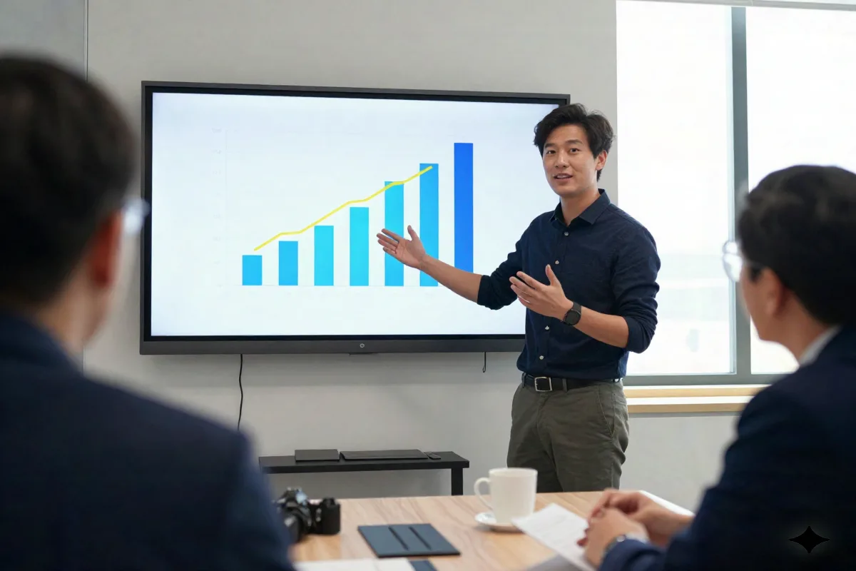 Founder presenting a pitch deck to two investors in a small meeting room