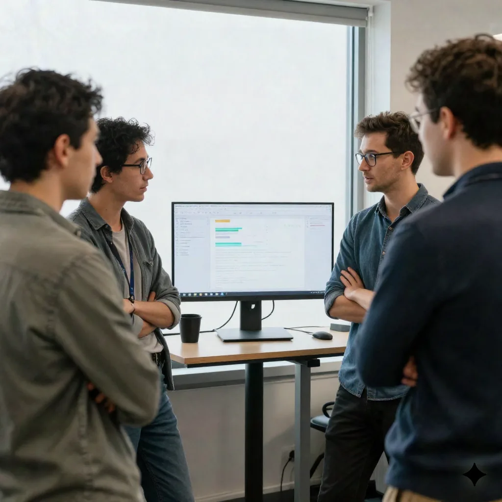 Engineering team reviewing a dashboard on a large monitor in a daylight office