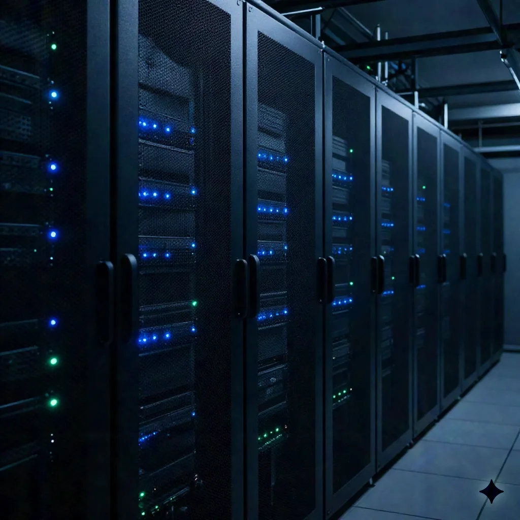 Data center server corridor with rows of racks lit by blue and green status lights