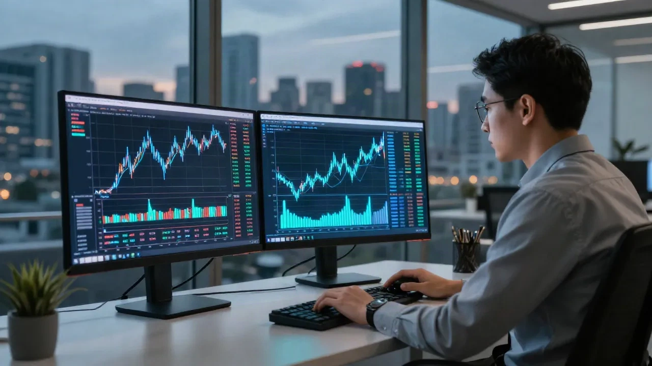 Analista finanziario che esamina dashboard di trading potenziati da IA su monitor doppi