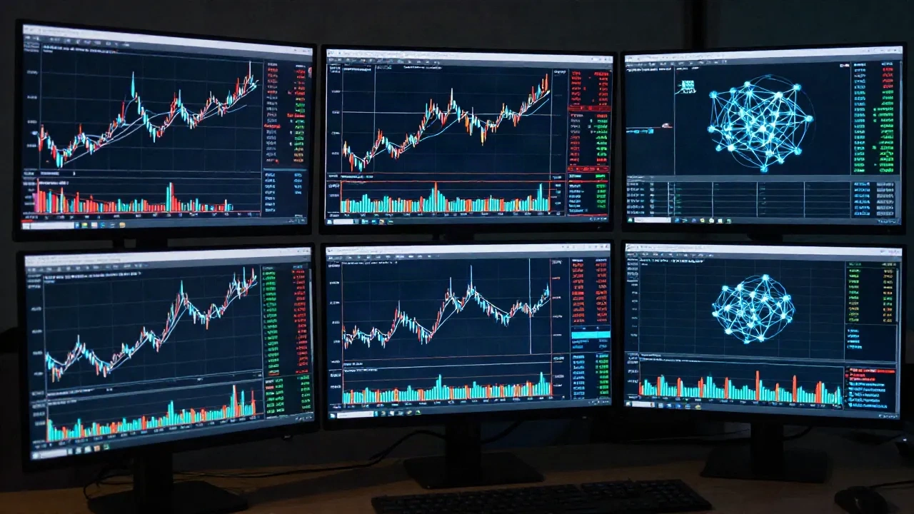 AI trading terminals displaying real-time market data and algorithmic pattern overlays