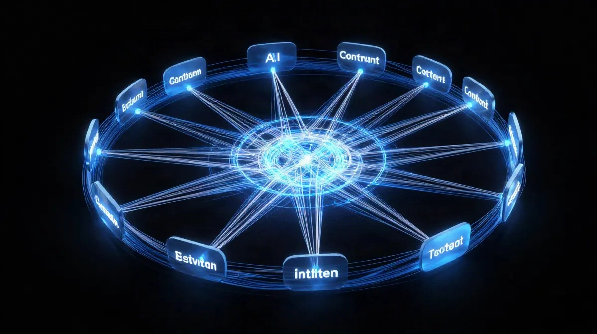 Neural network visualization showing AI citation flow from content sources to AI engine responses