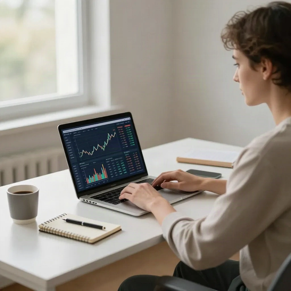Beginner trader working on financial analysis at a modern home office desk