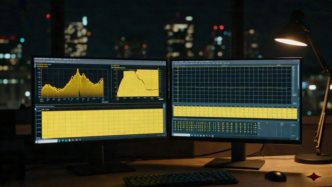 Dark office desk with monitors showing abstract yellow comparison grid charts, symbolizing competitive analysis matrix