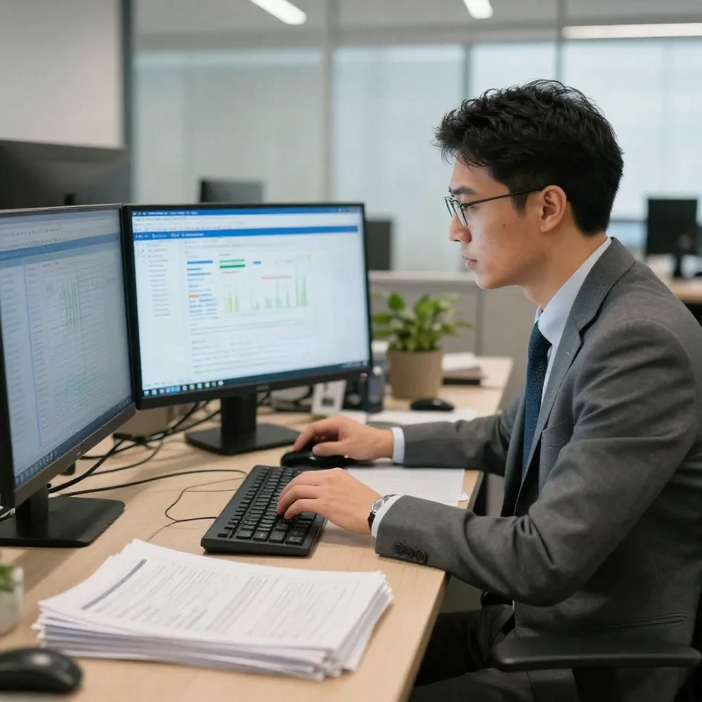 Equity research analyst reviewing AI-driven financial data on multiple screens