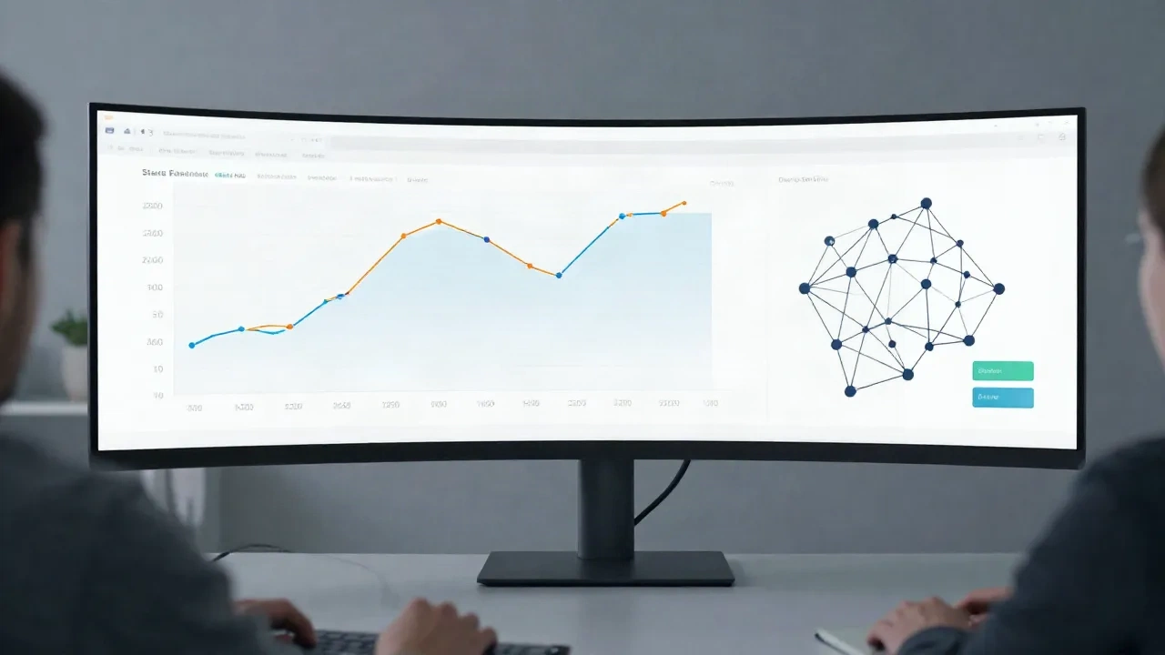 Analityk danych przeglądający sygnały finansowania startupów AI na dużym monitorze