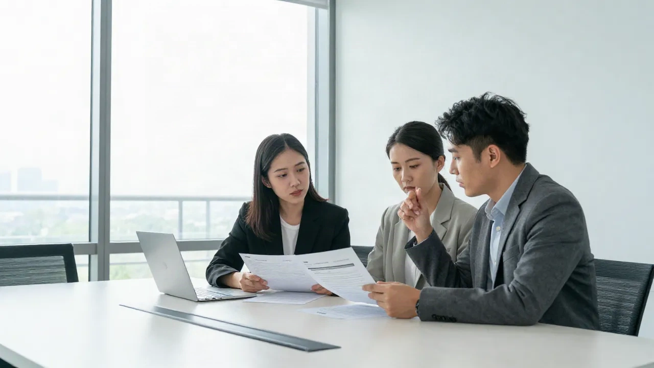 İki startup kurucusu bir konferans masasında dönem tablolarını inceliyor