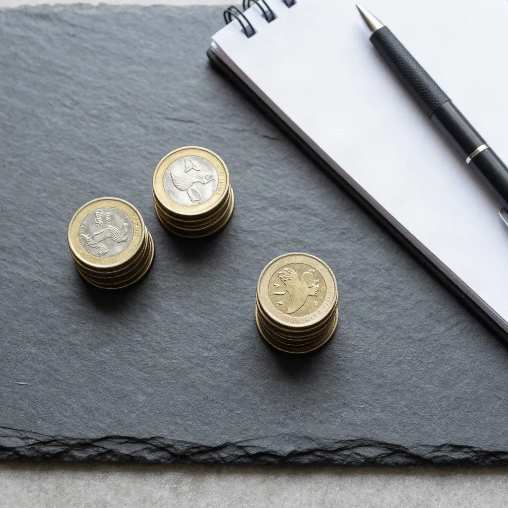 Piccole e grandi pile di monete su una scrivania di ardesia accanto a un taccuino