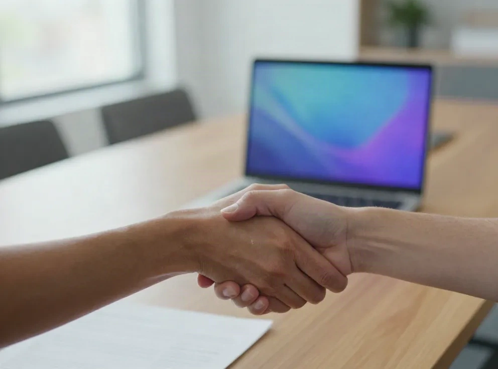 Zwei Menschen schütteln sich über einem Vertragsverhandlungstisch die Hände, Laptop im Hintergrund