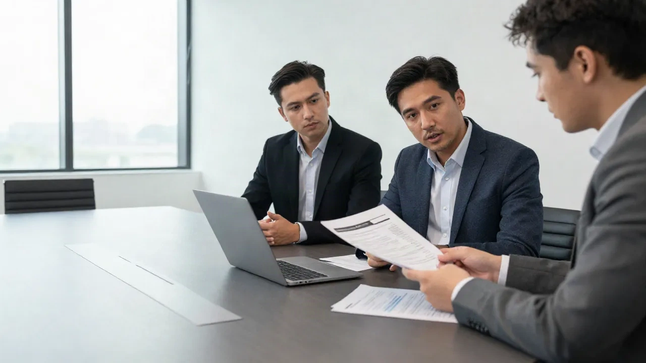 Venture capitalist and startup founder reviewing term sheet investment documents in a modern conference room
