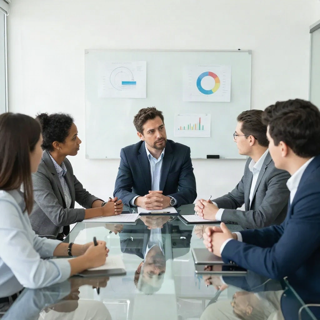 Startup board meeting with diverse professionals in a modern conference room discussing investment strategy