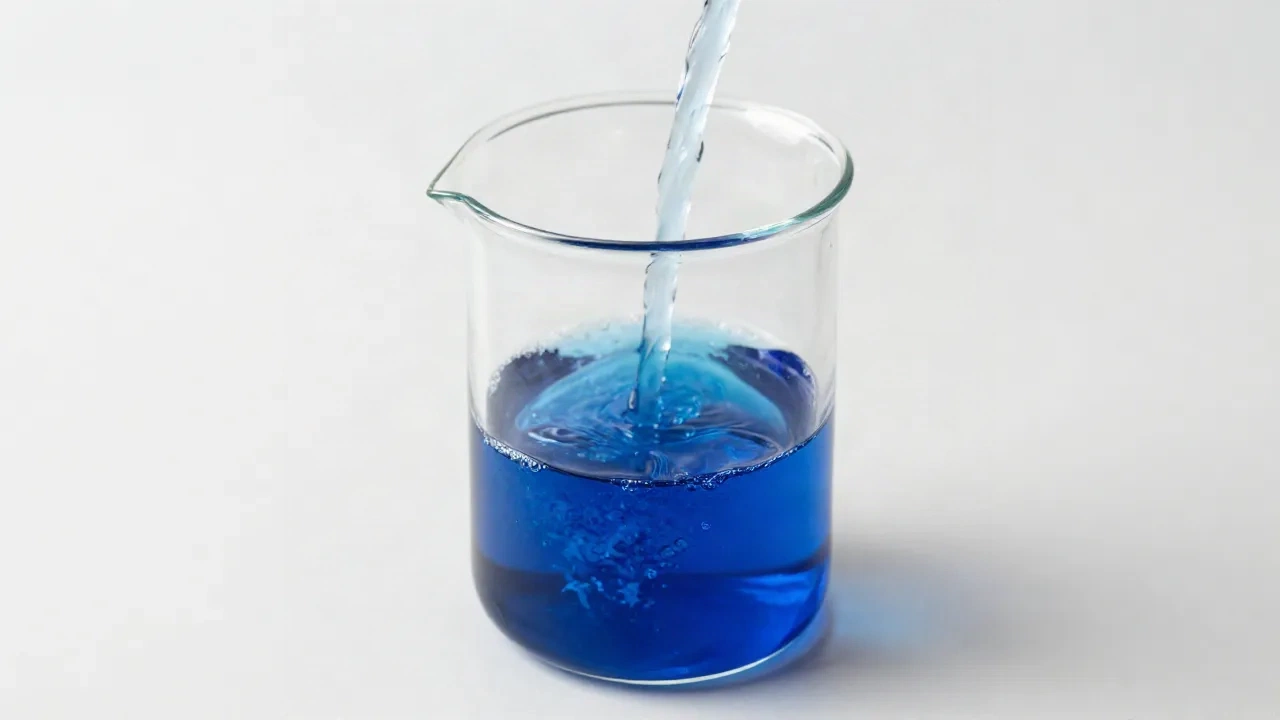Ein Strom klaren Wassers verwässert ein Becherglas mit konzentrierter blauer Flüssigkeit, visuelles Symbol für Eigenkapitalverwässerung