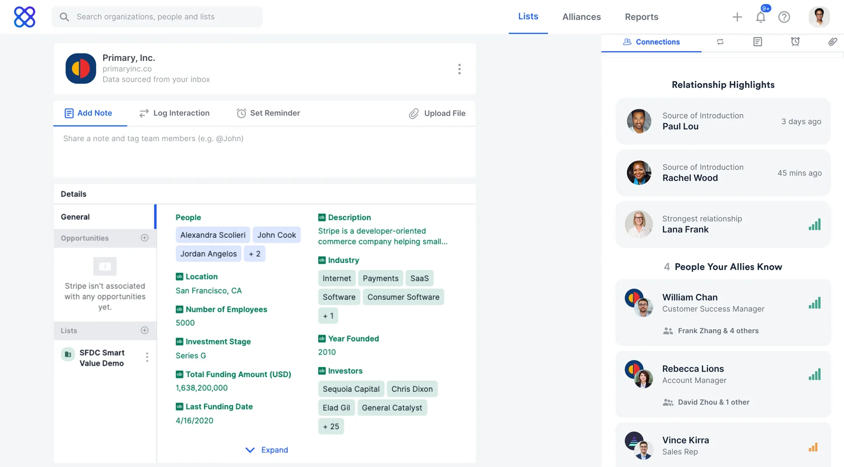 Affinity company profile with relationship highlights