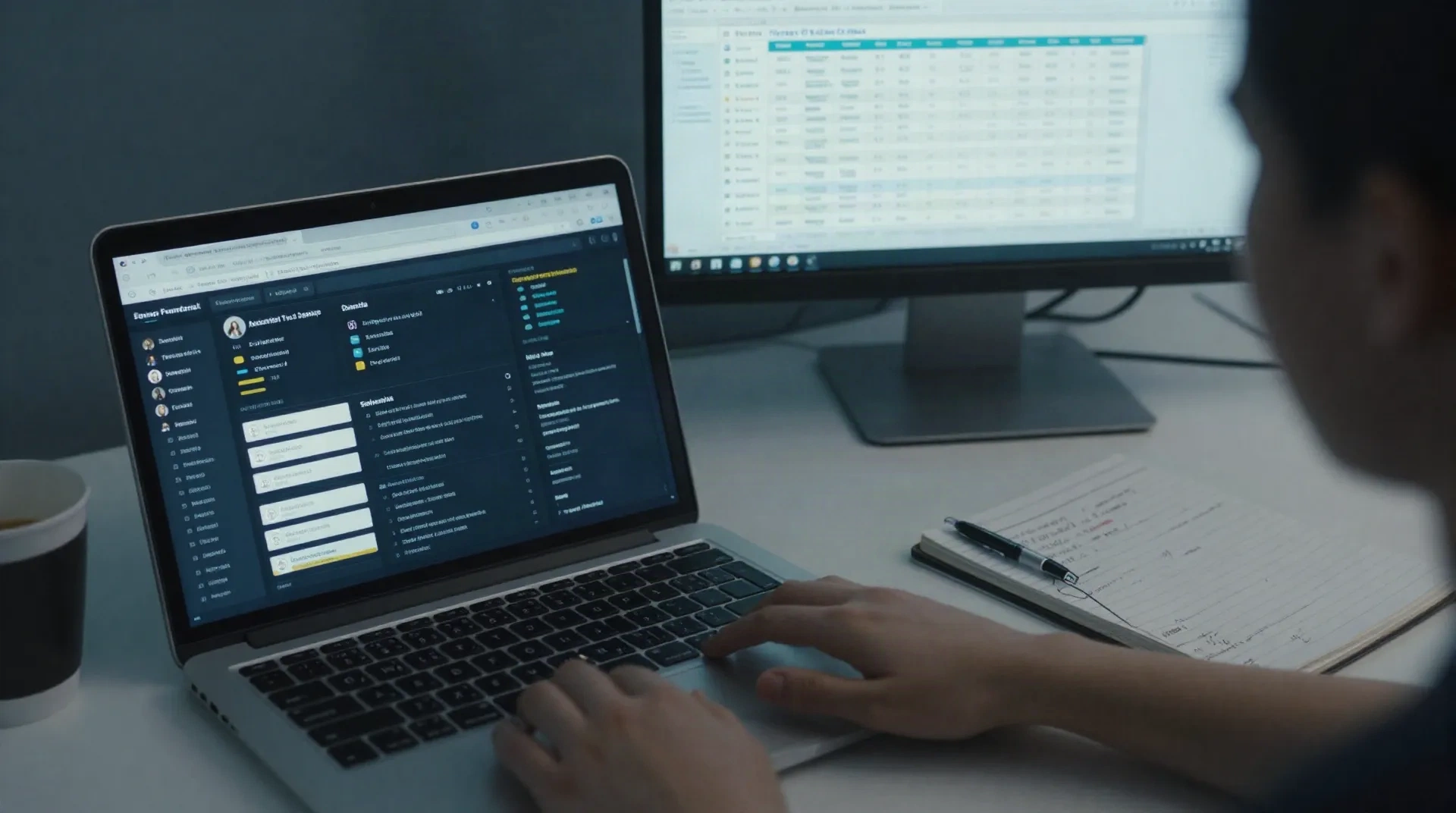 Analyst reviewing a social monitoring dashboard next to a startup database table