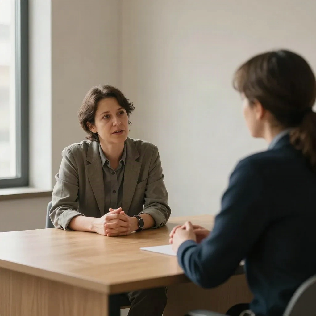 Structured problem interview between two professionals in a minimal office setting