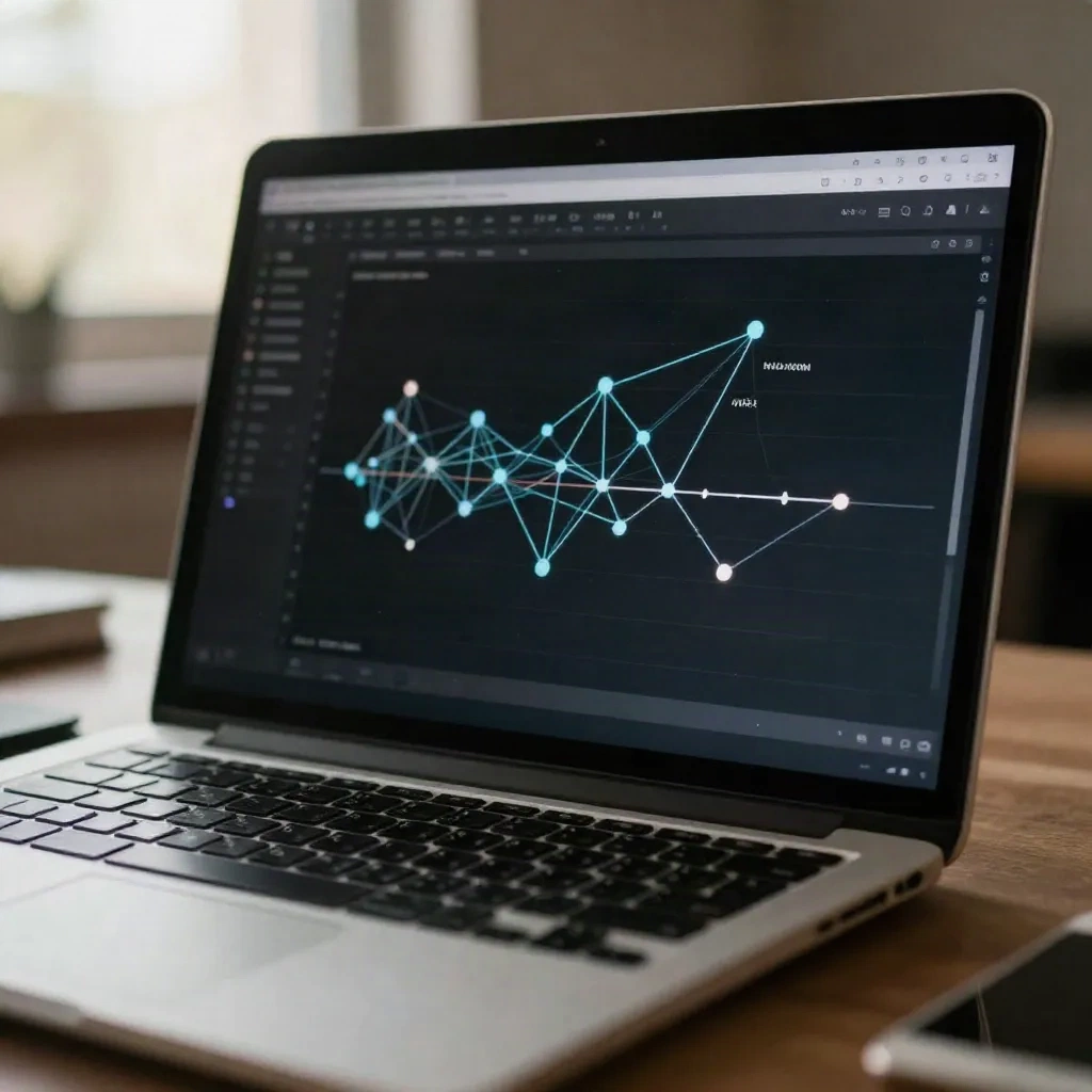 Laptop displaying abstract startup data network visualization in a warm office environment