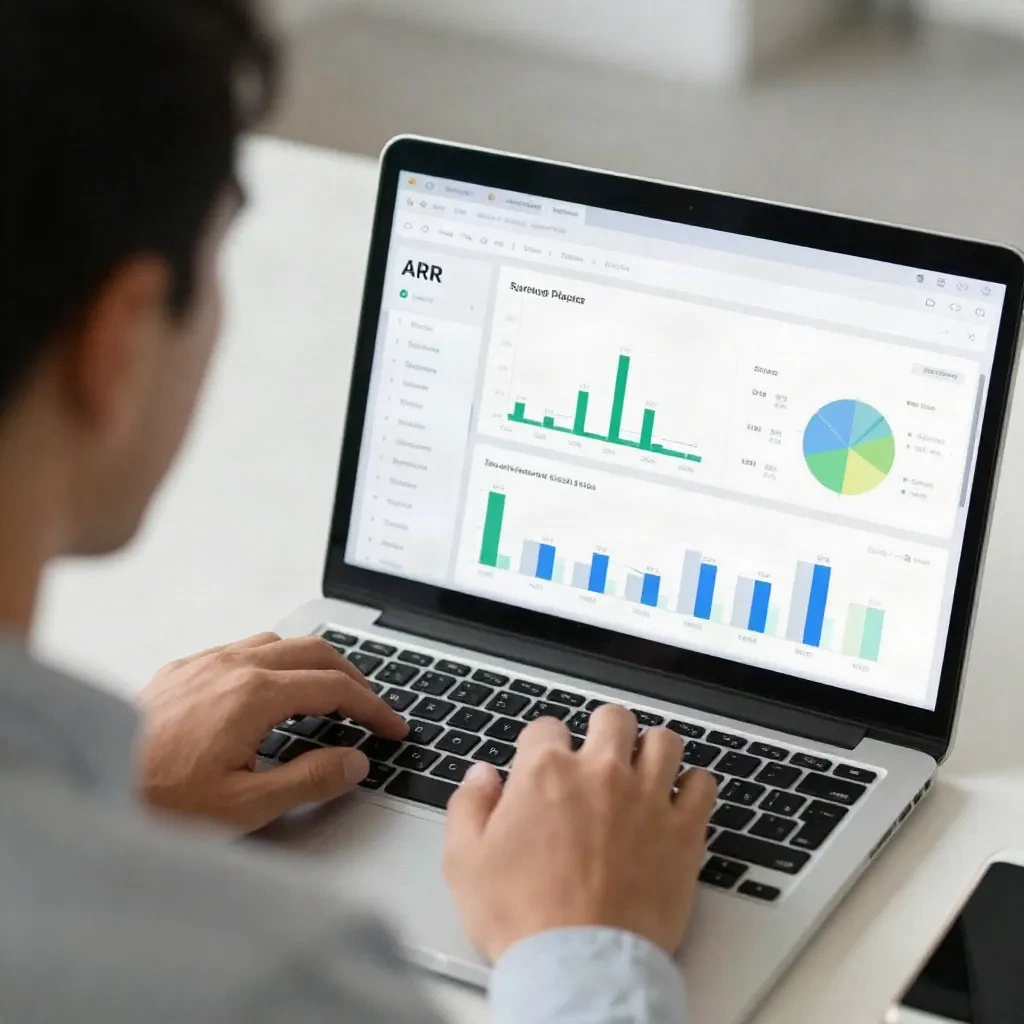 Founder startup meninjau metrik ARR dan dashboard analitik pendapatan