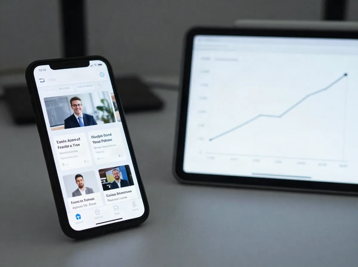 Profesyonel ağ akışını gösteren telefon, yükselen çizgi grafiği içeren tablet yanında