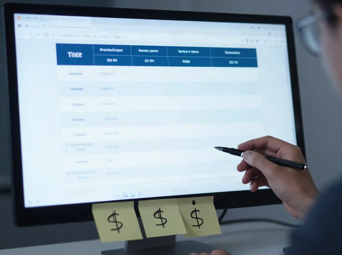 Bulanık fiyatlandırma tablosu ile el yazısı dolar işareti yapışkan notlar içeren monitör