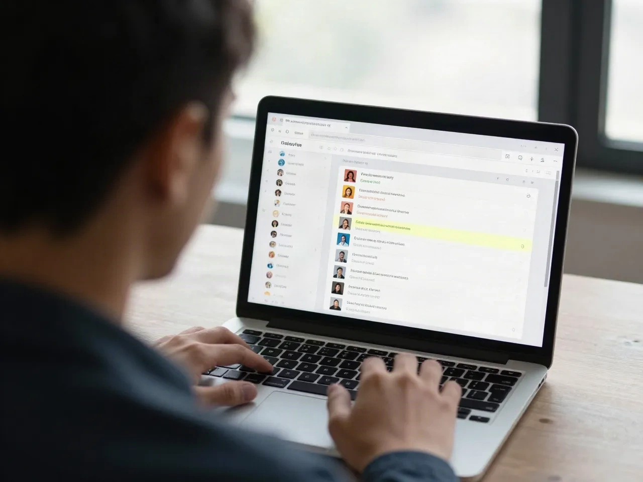 Operator memindai feed sosial yang sudah difilter di laptop